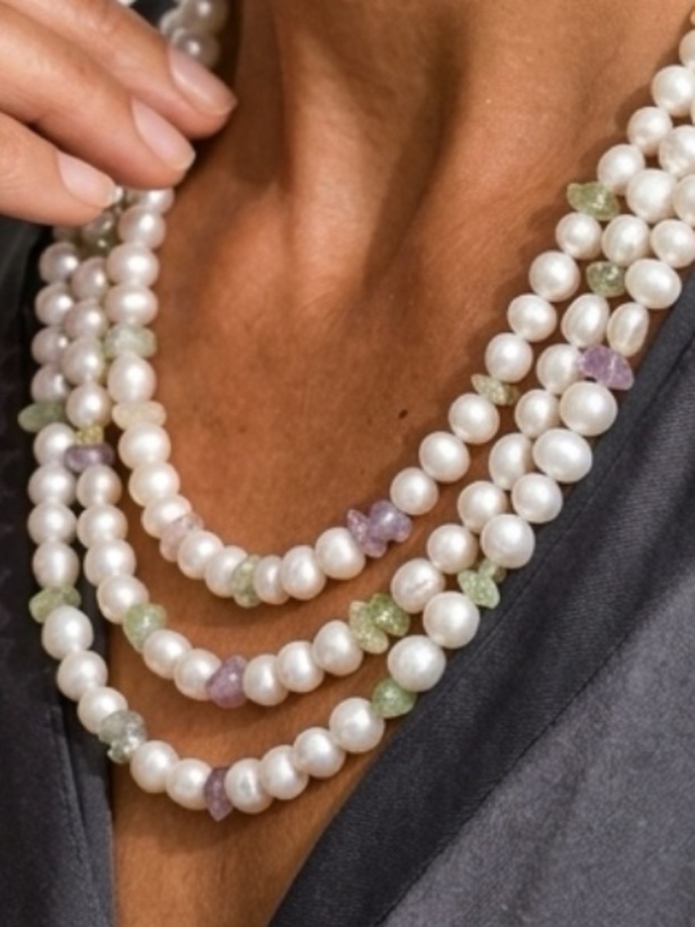 14k Triple strand Pearl and gem necklace 14k ball clasp